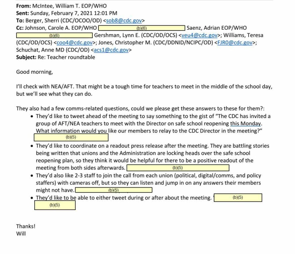 white house email teacher union cdc school lockdowns
