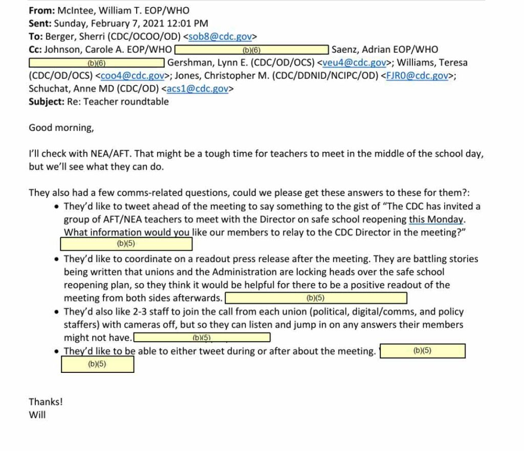 Click to enlarge white house email teacher union cdc school lockdowns