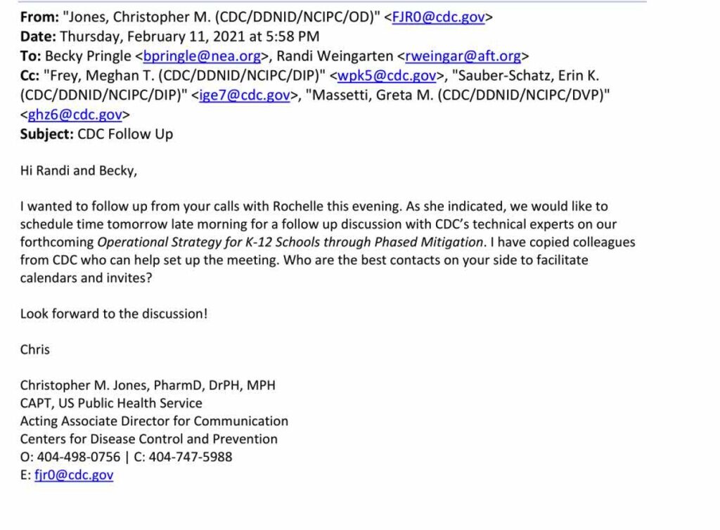 Click to enlarge email cdc weingarten teacher union school lockdown
