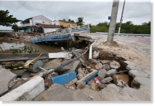 Click to enlarge Damage after heavy rains and floods in Santa Cruz Cabrália, Bahia, Brazil, April 2023.