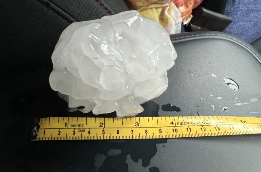 Click to enlarge A hailstone four inches across that fell near Waco, Tex., on Wednesday.