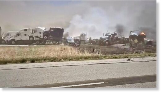 Click to enlarge Strong winds whipped up newly plowed fields off I-55 in Illinois, according to the National Weather Service, causing a massive vehicle pileup.