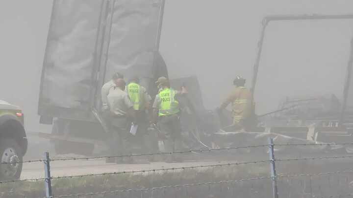 Click to enlarge At least two tractor-trailers involved in a crash on April 30 caught fire.