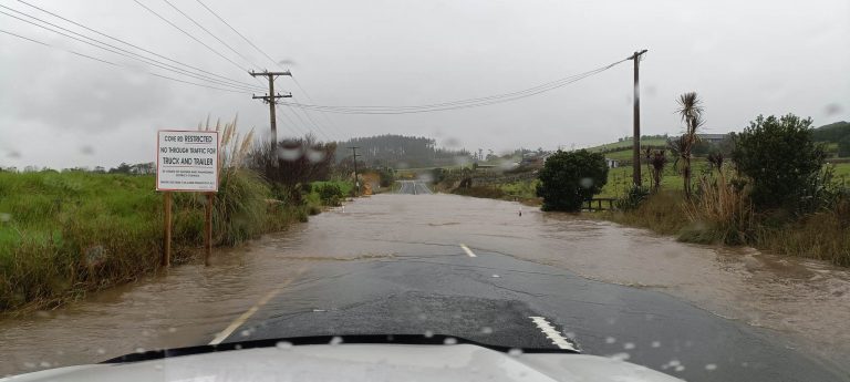 Flooded road in Northland, New Zealand, May 2023