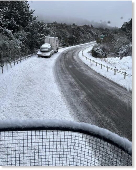 Snow falling at sea level on the Dunedin to Waitati Highway, causing traffic disruptions.|