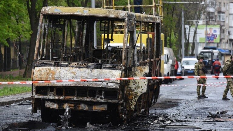 destroyed passenger bus that got hit by Ukrainian forces