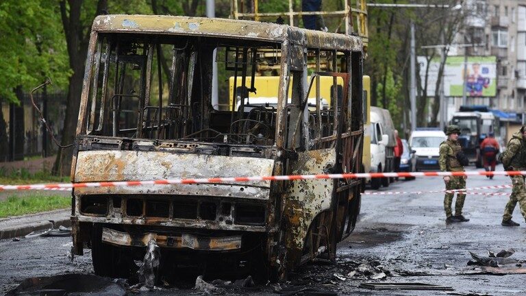 Click to enlarge destroyed passenger bus that got hit by Ukrainian forces