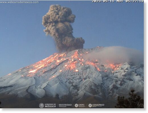 Click to enlarge Incandescent bombs, resulting from the eruption, spread over upper snow-covered flanks at Popocatépetl volcano