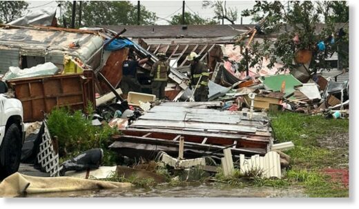 First responders look through rubble after a tornado touched down in Laguna Heights, Texas, on May 13, 2023.
