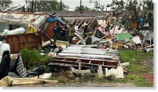 Click to enlarge First responders look through rubble after a tornado touched down in Laguna Heights, Texas, on May 13, 2023.