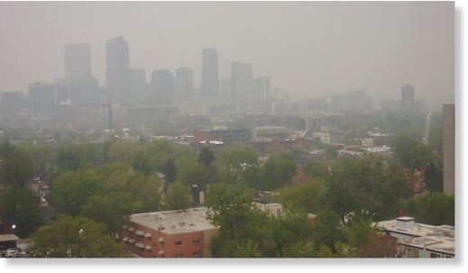 Click to enlarge Wildfire smoke covers the Denver skyline on May 19, 2023.