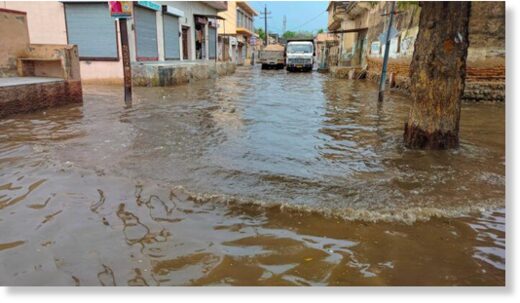 A waterlogged area due to rain during