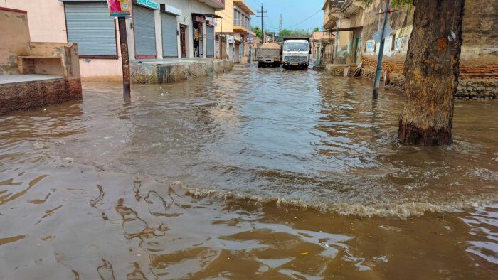 A waterlogged area due to rain during