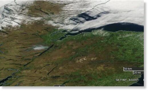 A Nasa worldview satellite photograph shows the plume of smoke from the fire at Cannich, in the hills above Loch Ness in the Highlands,