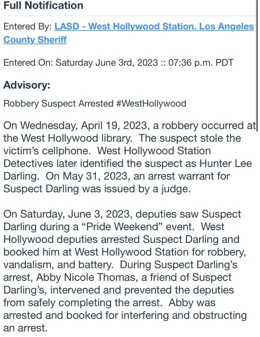 la sheriff notice warrent darling zodiac rost