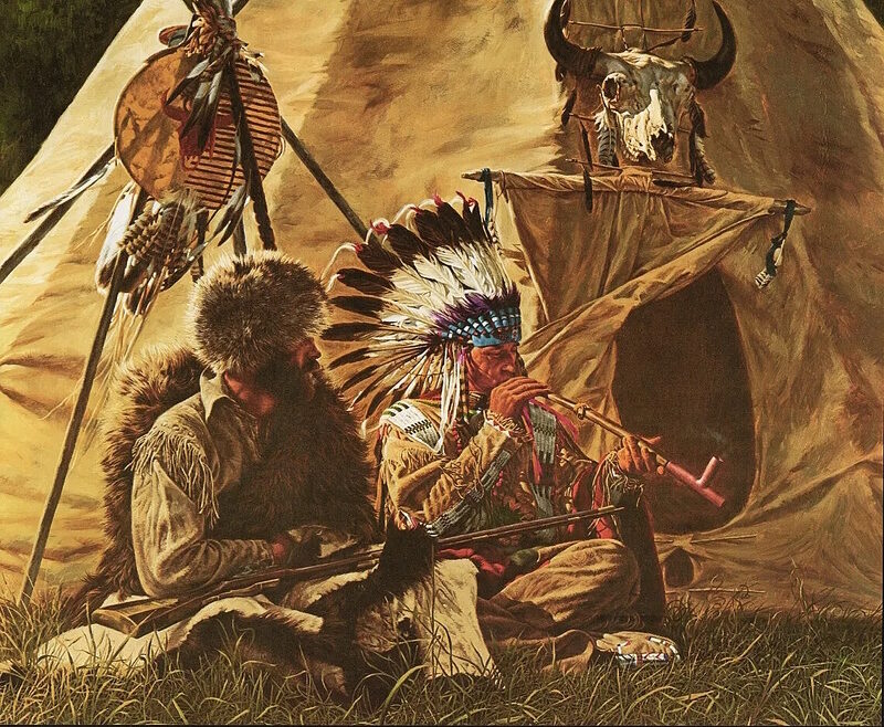 Click to enlarge trapper native american pipe somking teepee painting