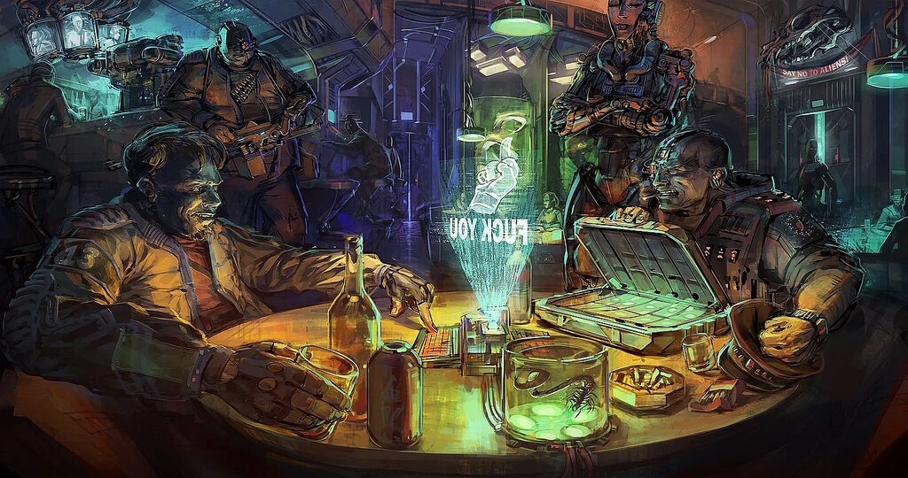 Click to enlarge painting future video game bar scene