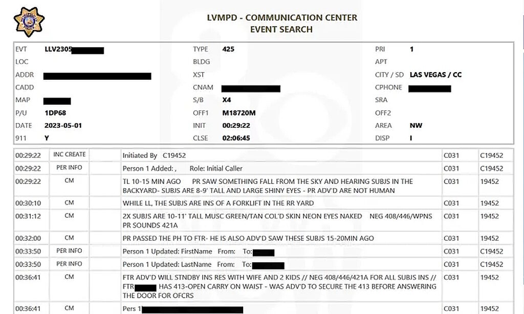 Click to enlarge transcript police call ufo las vegas 2023