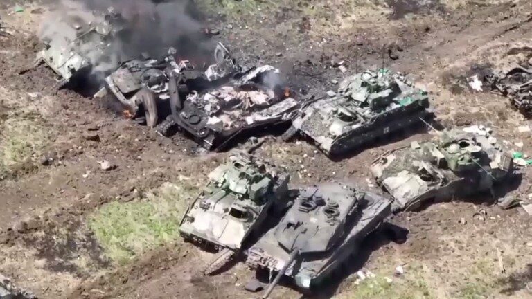A Ukrainian Leopard 2 tank and several Bradley fighting vehicles destroyed by the Russian forces in Russia’s Zaporozhye Region.