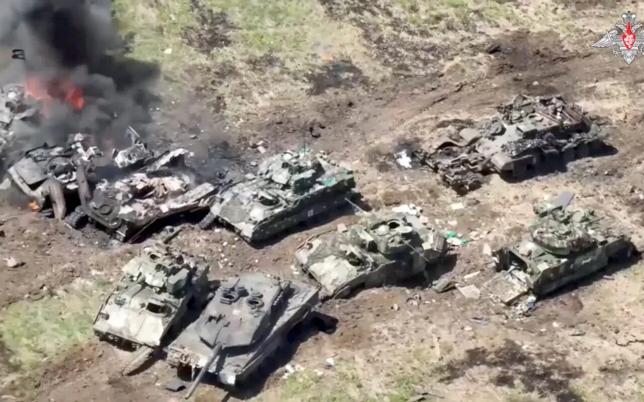 Ukrainian armoured vehicles lie destroyed in southern Ukraine