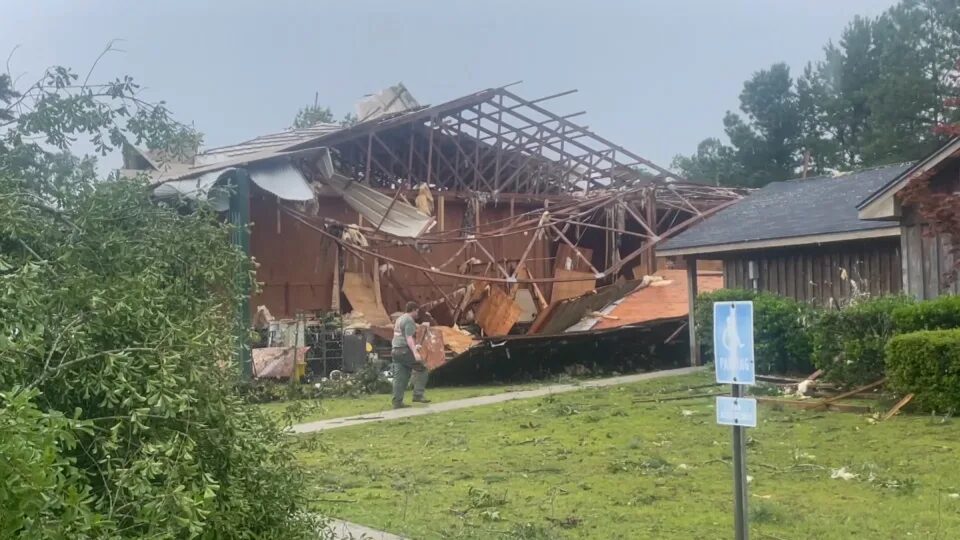 A building damaged by severe weather in Henry County, Alabama.
