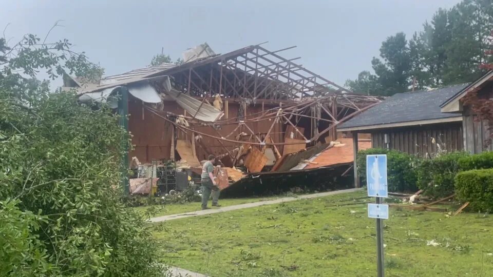 Click to enlarge A building damaged by severe weather in Henry County, Alabama.