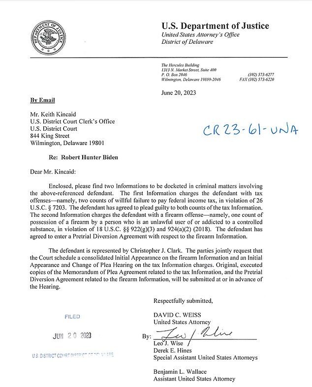 Click to enlarge doj hunter biden tax fraud gun charges letter david weiss