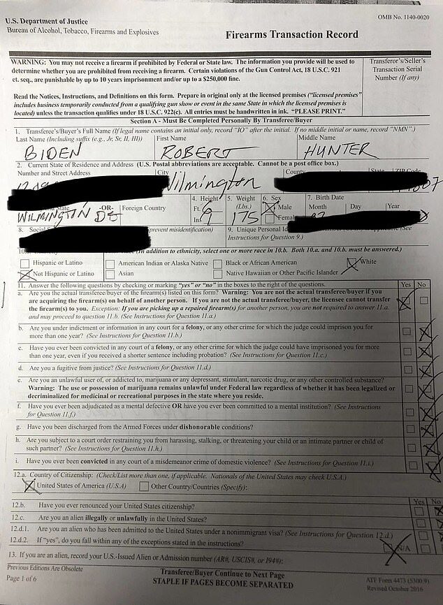 Click to enlarge hunter biden lie firearm permit application
