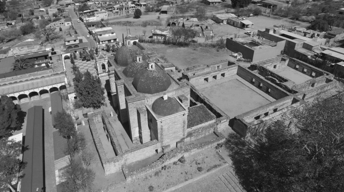 Click to enlarge Aerial view of the Church Group of Mitla, with the Church of San Pablo facing west.