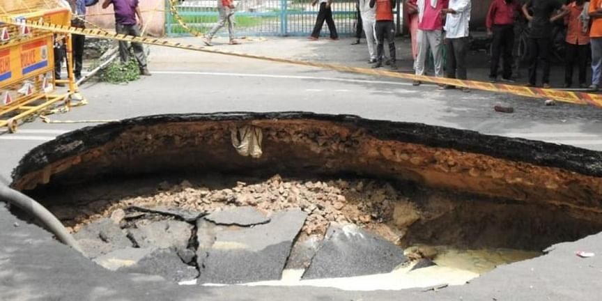 A large portion of a road in west Delhi’s Janakpuri has caved in