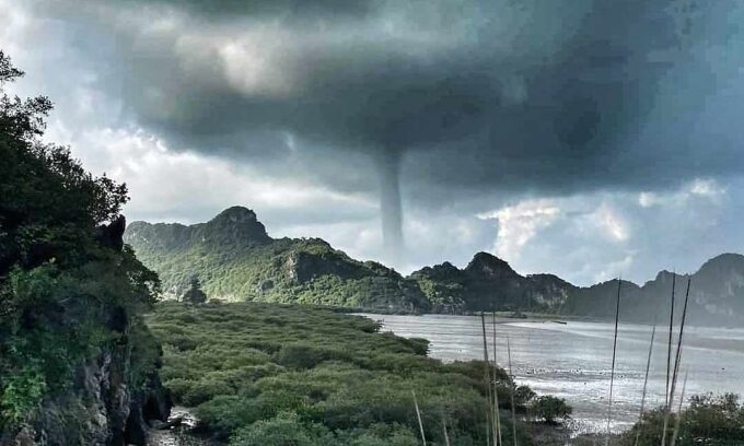 A waterspout appears over the sea in Hai Phong City, July 25, 2023.