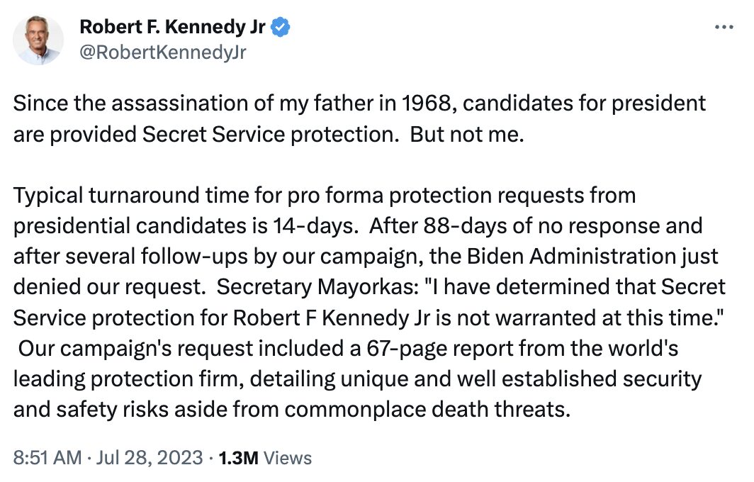 rfk tweet no secret service protection