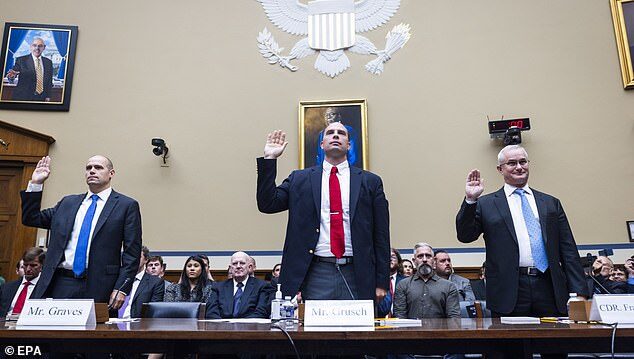 Click to enlarge Ryan Graves, a former pilot, Air Force and intelligence agency veteran David Grusch and Navy veteran fighter pilot Commander David