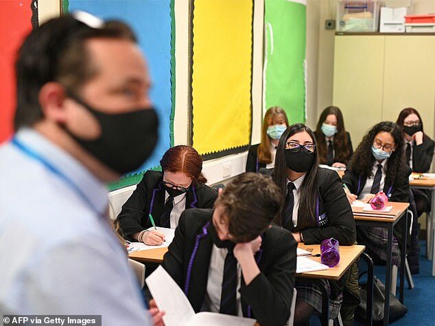Click to enlarge school children wearing masks