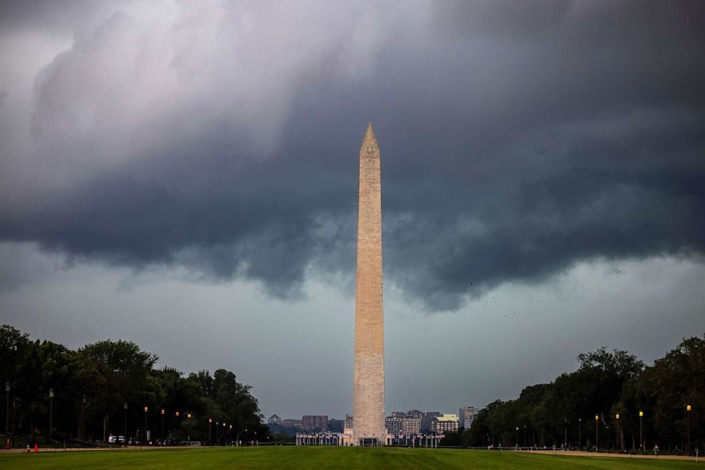 A summer derecho approaches the National Mall in Washington, DC, Aug. 7, 2023. For the first time in more than 10 years, the National Weather Service issued a rare 'Level 4' risk for severe storms across the DC region.