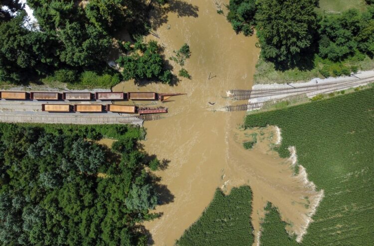This aerial photo taken on Aug. 8, 2023 shows flooded railroads and sunken freight trains after heavy rainfall near Koprivnica, Croatia.