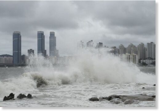 High waves crash a shore as the Tropical Storm Khanun approaches to the Korean Peninsular, in Busan, on Aug. 10.