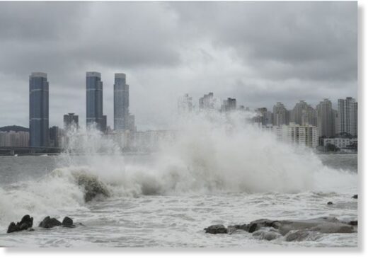 Click to enlarge High waves crash a shore as the Tropical Storm Khanun approaches to the Korean Peninsular, in Busan, on Aug. 10.