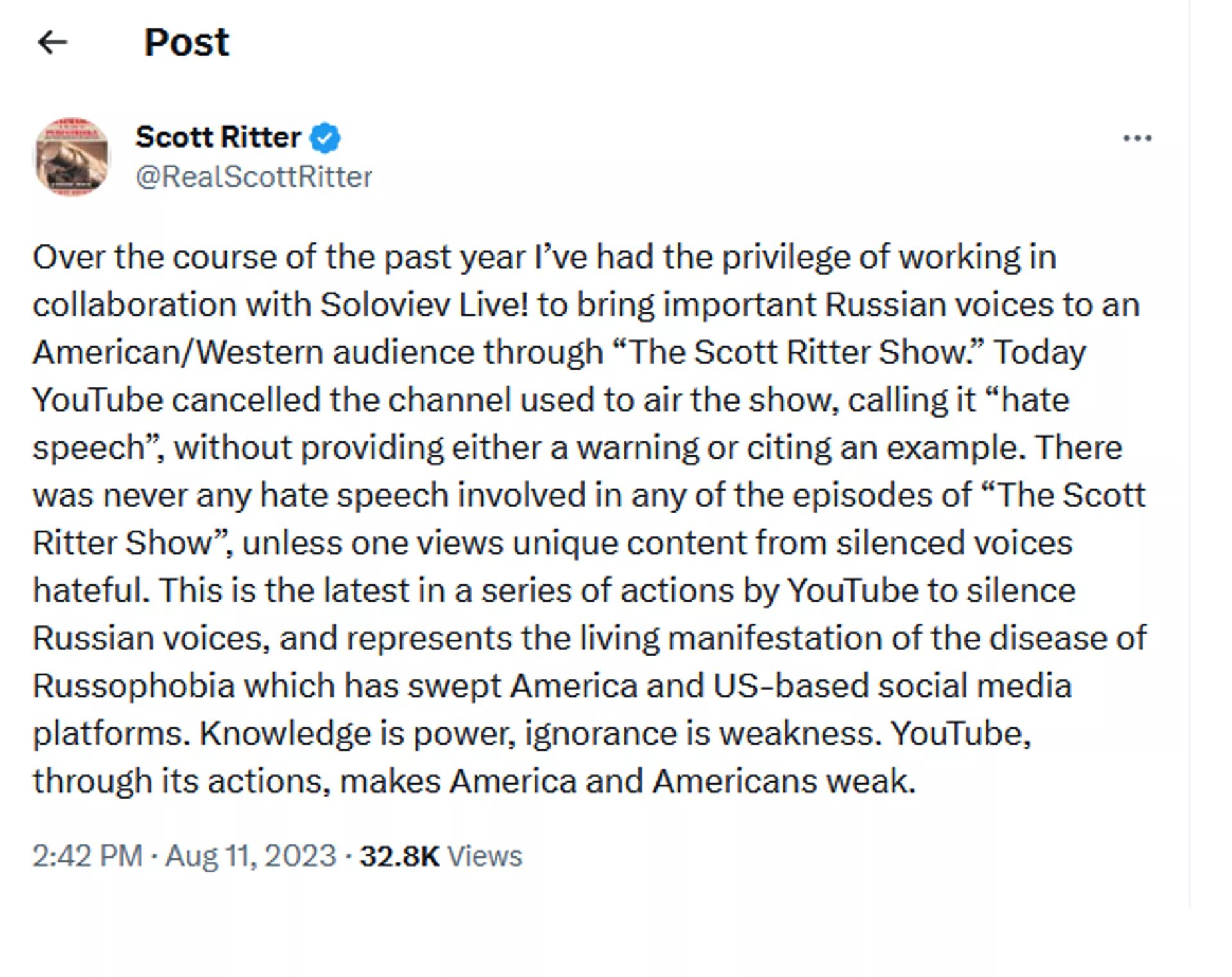 Click to enlarge scot ritter tweet youtube ban