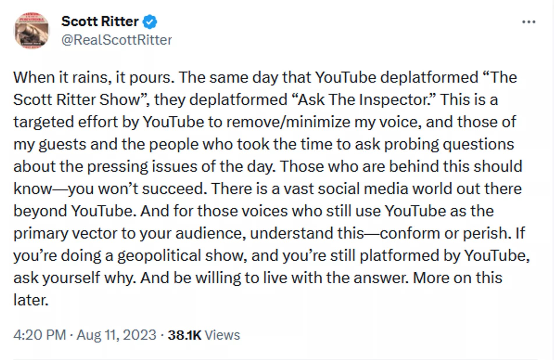ritter tweet youtube ban part two