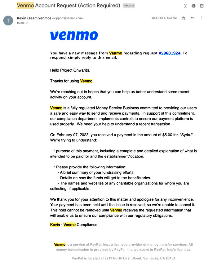 Click to enlarge Venmo Letter