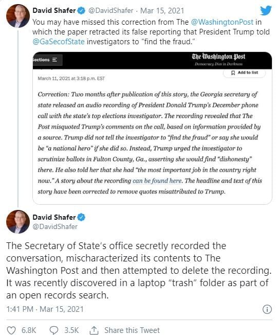 tweet trump leaked call  Raffensperger tweet washington post fuchs