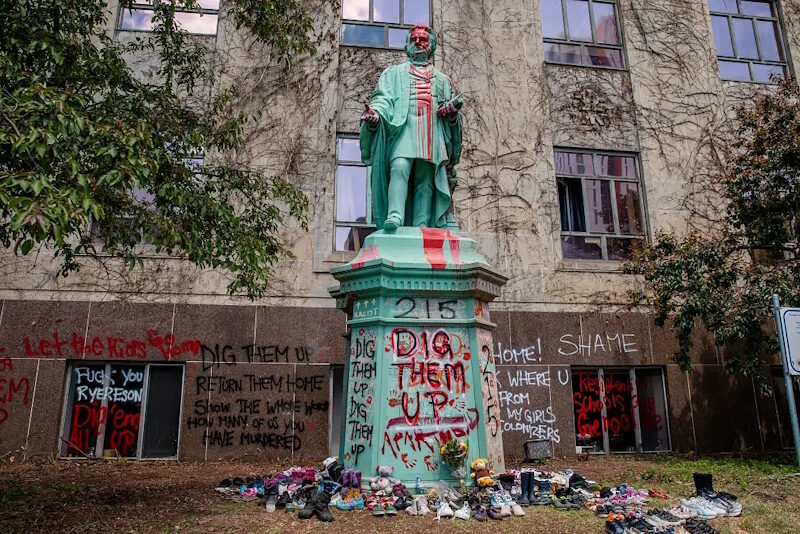 Click to enlarge Egerton Ryerson statue vandalized indigenous children canada
