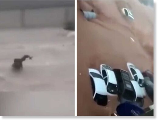 A man being swept away by flood waters and submerged cars in Al Bayda.