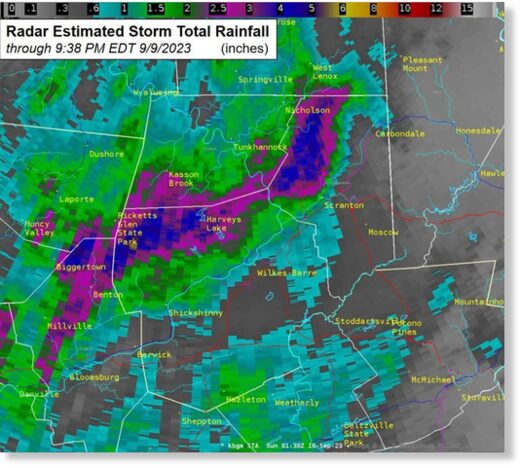 Rainfall totals in Pennsylvania, 09 September 2023.
