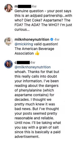 milknhoneynutrition, influencer admits paid