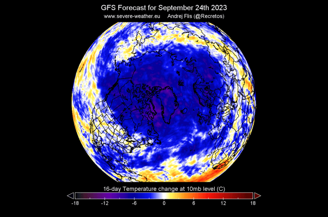 Click to enlarge the temperature change forecast for late September 2023 northern hemisphere