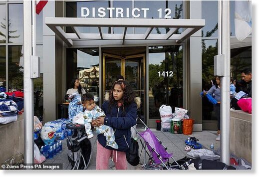 A family from Venezuela outside the Chicago Police 12th District station