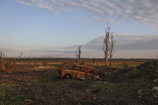 A destroyed car is seen at the frontline in Andriivka, Donetsk region, Ukraine, Saturday, Sept. 16, 2023.