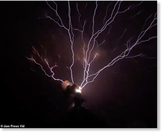 The incredible moment lightning strikes hit an erupting volcano has been captured